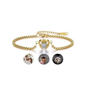 Jovivi Bracelet de Projection Photo Personnalis&eacute; pour Femme avec Image Rond &agrave; l'Int&eacute;rieur, Pendentif Cercl&eacute; le Ziron Acier Inoxydable Cadeau pour Maman Anniversaire Valentine (Coeur-Or) (kaenmis, neuf)