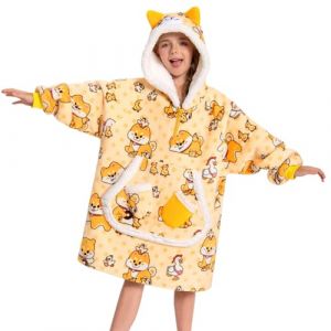 OLAOLA Unisexe Sweat &agrave; Capuche Couverture Surdimensionn&eacute;e pour Enfants, Pull Plaid &agrave; Capuche en Polaire Sherpa avec Manches et Poches, Sweat Plaid Doux et Chaud pour Gar&ccedil;ons Filles (Shiba Inu) (pitgeem, neuf)