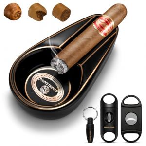 Cendrier &agrave; cigares en c&eacute;ramique avec coupe-cigare en V, guillotine &agrave; double lame et foret tranchant, cendrier incassable pour l'ext&eacute;rieur et l'int&eacute;rieur (Noir) (Cigarking, neuf)