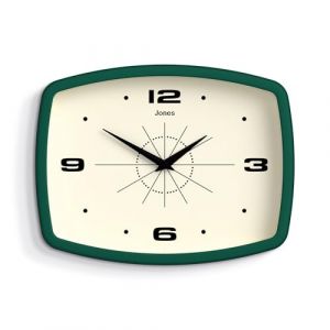 JONES CLOCKS® Film Horloge Murale | Horloge rétro rectangulaire | 25 cm | Vert foncé | Look Design Cool du Milieu du siècle pour la Cuisine, Le Salon ou Le Bureau (Newgate World Ltd, neuf)