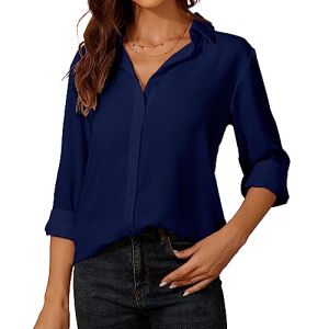 Chemisier Blanc Femme Chic Et &eacute;l&eacute;gant &agrave; Manches Longues pour Femme - Chiffon Chemisier avec Boutons - Col en V Haut D&eacute;contract&eacute; - pour Le Bureau Travail pour Femme Blouse (SpringSeaon, neuf)