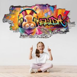 tjapalo&reg;p100 stickers pr&eacute;nom personnalis&eacute; sticker grafitti 3D sticker mural chambre fille mur autocollant personnalis&eacute; stickers muraux enfants Sticker mural enfant fille autocollant tag lapin (tjapalo&reg;, neuf)