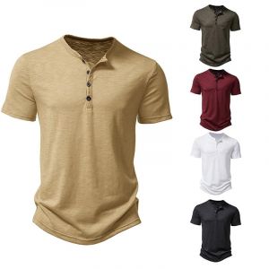 Homme Henley T-Shirts à Manches Courtes Col Tunisien Boutons Coton Décontractée Slim Fit Chemises en Coton T-Shirt Homme Respirant Haut d'extérieur Fitness Tee Shirt Vetement Solde (Gaieyx, neuf)