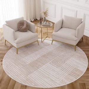 TAPISO Crystal Rond Tapis Poils Courts Moderne Beige Cr&egrave;me Marron Blanc Motif Lignes Effet 3D Brillant Doux Tapis Salon Chambre Descente de Lit Oeko-TEX 240 x 240 cm (TAPISO-FR, neuf)
