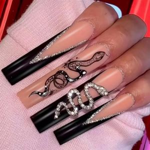 Faux ongles, ongles à presser Faux ongles longs en forme de cercueil avec colle, faux ongles marron portables avec strass, presse de Ballet, couverture complète(38) (zhangtingamz, neuf)