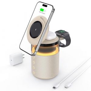 BLKE Max Enceinte Bluetooth 3 en 1 avec lumière de Nuit et Chargeur sans Fil, Compatible avec iPhone 17/16/15/14/13/12 Pro Max, Apple Watch et Earbuds à Charge sans Fil, Adaptateur de 33W Jaune (XINLEI TRADING S.R.L., neuf)
