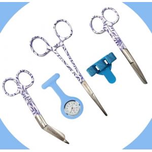 Nurse Heroes Kit de d&eacute;marrage infirmi&egrave;re &laquo; Blue Leaves &raquo; - Ciseaux de bandage - Accessoires d'infirmi&egrave;re - Cadeau d'infirmi&egrave;re - Montre s&oelig;ur - Porte-stylo infirmi&egrave;re (Nurse Heroes Shop, neuf)