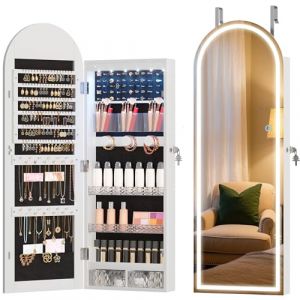 LVSOMT LED Armoire &agrave; bijoux avec Miroir Arqu&eacute;, Armoire a Bijoux Suspendue Verrouillable, Modern Miroir Bijoux sur porte/mur, 3 Couleurs LED, Crochet r&eacute;glable en hauteur, Cadeau pour Femme, Blanc (lvsomt, neuf)