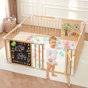 Parc en bois tout-en-un pour b&eacute;b&eacute; avec porte, cl&ocirc;ture de jeu r&eacute;glable en bois avec tableau noir magn&eacute;tique double face, tableau blanc et jouets d'activit&eacute;s Montessori, centre d'activit&eacute;s extensible (OMYBaby Inc., neuf)