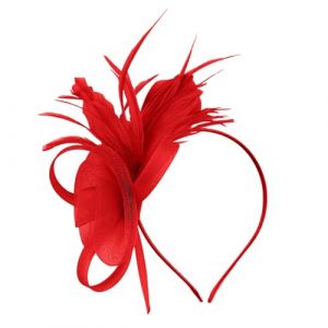 Bandeau bibi en maille et plumes pour femme - Accessoire de cheveux pour f&ecirc;te, &eacute;glise, mariage - Pour femme et fille - Chapeau bibi avec plumes, voile (rouge, taille unique) (jksmyx, neuf)