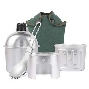 Lixada Gourde Kit de Cantine Militaire, 3pcs Batterie de Cuisine en Aluminium Mmilitaire Cantine Coupe Poêle à Bois Ensemble avec Housse pour Le Camping Randonnée Sac à Dos (Style 3-4 pcs) (JINGTAOnet, neuf)