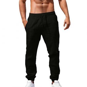 Pantalon Lin Homme Été Baggy Taille Elastique Pantalon Léger Confortable Respirant Blanc Pantaloncourt Large Décontracté Pants de Plage Fluide Uni Jogging Plage Yoga Sport (Chun-Guiyou（✿7~15 jours de livraison ✿), neuf)