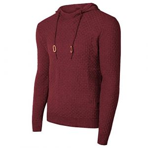 Genfien Pull décontracté à Capuche à Manches Longues pour Homme avec Encolure en Entonnoir à Carreaux en Jacquard,L,Vin Rouge (Genfien-FR, neuf)