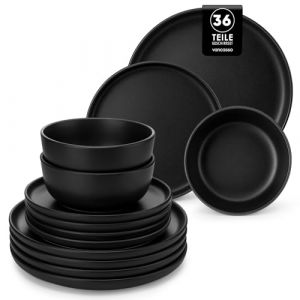 vancasso S&eacute;rie PLAYA Service de Table 12 Personnes, Set Vaisselle Noir en Gr&egrave;s 36 Pi&egrave;ces - 12 Assiettes Plates, 12 Assiettes &agrave; Dessert et 12 Bols - Adapt&eacute; au Lave-Vaisselle et au Micro-Ondes (vancasso Ceramic Art, neuf)