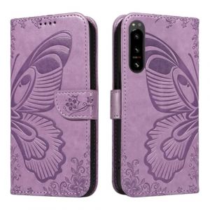 XFDSFDL&reg; Cas de pour Sony Xperia 5 IV XQ-CQ62/CQ72/CQ54 (6,1 Pouces) PU Cuir Housse Flip Coque F&eacute;e Papillon Motif avec Support Longe Fermeture Portefeuille Gaufrage &Eacute;tui de Protection Violet (LingDan, neuf)