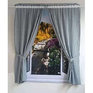 Yaland Lot de 2 rideaux avec motif &agrave; carreaux style maison de campagne 1 x 1 cm Rideau avec embrasses (l x H x P) 80 x 160 cm, bleu (Shang Store, neuf)