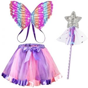 AUYAO 3Pcs Deguisement Papillon pour Fille, Papillon Costume de F&eacute;e Papillon, Papillon Ailes Enfants, Kit de Costume de F&eacute;e Papillon avec Baguette Magique Tutu Jupe D&eacute;guisement Carnaval No&euml;l Cosplay (Yadark, neuf)