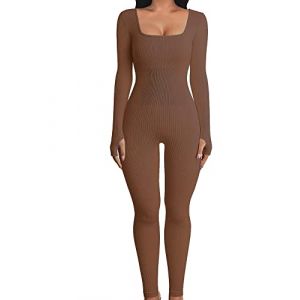 ensswliz Combinaison moulante une pi&egrave;ce pour femme - Combinaison de yoga c&ocirc;tel&eacute;e &agrave; manches longues - Combinaison de sport, B-marron., S (ensswliz, neuf)