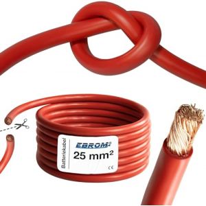 EBROM Câble de batterie très flexible Hi-Flex (Hi Flex) 25 mm² Au mètre en rouge - Très flexible Gaine en PVC (70 ± 5 Shore) 100% cuivre 25 mm² Comme câble de démarrage, câble de chargement ou autre (EBROM, neuf)