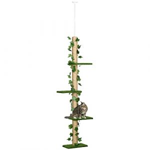 PawHut Arbre à Chat Poteau à griffer Fixation Plafond Hauteur réglable 37 x 21 x 202-242 cm 4 Niveaux - Gazon et Feuilles artificiels Vert (Aosom FR, neuf)