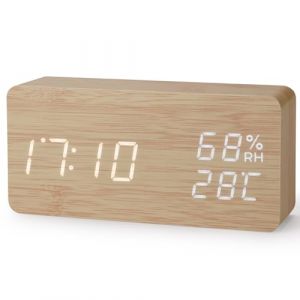Virkly R&eacute;veil cube num&eacute;rique en bois avec affichage LED de la temp&eacute;rature, 12/24 h, 3 niveaux de luminosit&eacute; ajustable, et port USB (rectangulaire, couleur bois) (OYSHOPP, neuf)