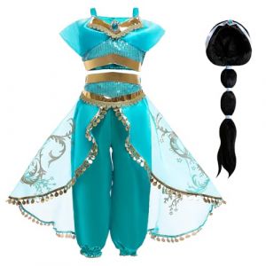 Emin Fille Costume de Princesse Jasmine avec Perruque Déguisement de Princesse Aladdin Costume Noël Anniversaire Fête Noël Halloween Carnaval Cosplay Enfants Vêtements (Emin-uk, neuf)