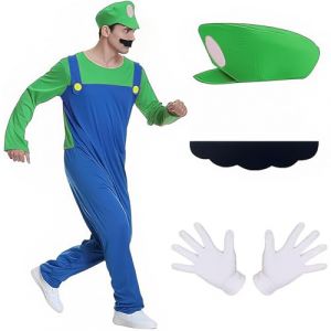 YISKY D&eacute;guisement Mario et Luigi pour Adulte, Deguisement Adulte Mario, Mario et Luigi Costume de Cosplay, Bonnet, Barbe, Gants, Costume de Carnaval Halloween Cosplay (Vert) (YISKY, neuf)