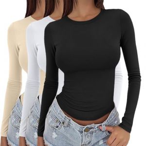 Lot de 3 t-shirts &agrave; manches longues pour femme - En coton - Maillot de corps pour femme - Col rond - Classique - Coupe ajust&eacute;e - Couleur unie - Pull tunique - Sous-v&ecirc;tements thermiques - Haut en (Wen007S, neuf)