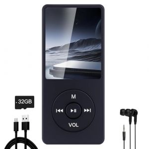 32Go Lecteur MP3 Bluetooth,Baladeur mp3 Musique sans Perte Hi-FI Petit,Bluetooth 5.3 Lecture,Haut-Parleur HD Int&eacute;gr&eacute;,Adulte Super &eacute;cran Couleur L&eacute;ger de 1,8",Noir，avec Casque, e-Book, Enregistrement (DeHaiShiGangGang, neuf)