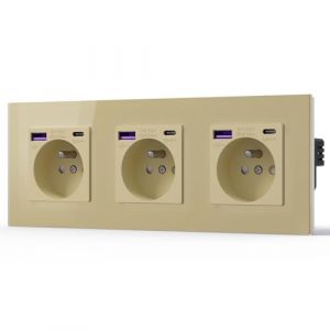 BSEED Prise Murale avec 20W USB C,Chargeur Rapide Multiprises,16A Prise avec Cristal,Prise de courant à Encastrer,3 Prise,228mm Or (Bseed-EU, neuf)