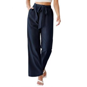 PASUDA Pantalon Femme Été Lin Coton Pantalons Fluide Taille Haute Elastique Ample Léger Cordon Pantacourt Décontractée Solide Couleur Wide Leg Sport Longueur Pants avec Poches (Marin, XL) (Amutoo, neuf)