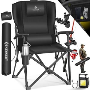 KESSER® Chaise de camping pliable jusqu'à 160 kg, Chaise de pêche pliante rembourrée avec accoudoirs, Lampe de camping et porte-gobelet + sac à dossier haut, Chaise de plage avec support de pêche (WMK Trading GmbH, neuf)