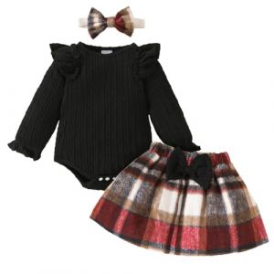 LUVCES Ensemble Nouveau-n&eacute; Fille Tenue d'Automne Hiver Manches Longues Body Tricot&eacute; avec Jupe &agrave; Carreaux 3 Pi&egrave;ces Vetement Bebe Fille de No&euml;l 3Pcs Noir 9-12 Mois (SANYI FASHION, neuf)