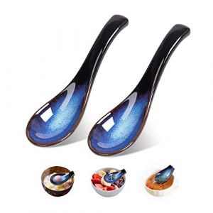Lot de 2 cuillères à soupe de style japonais en céramique,Cuillères à soupe chinoises,Cuillères à soupe asiatiques bleues,Cuillères à riz rétro en porcelaine, Udon Pho Wonton,Passe au lave-vaisselle (MengQiDianZiShangWu, neuf)