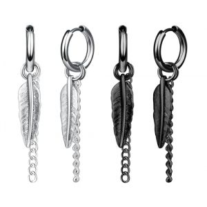 Yumilok Boucles d'oreilles Cr&eacute;oles en Acier Inoxydable pour Hommes: Pendantes d'oreilles de Plume et Cha&icirc;ne - Fashion Anneau d'oreille Femmes - Bijoux Fantaisie D&eacute;coration Adolescent (Yumilok, neuf)