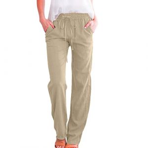 Femme Lin Pantalon Coton Lin Pantalon Léger Casual Elegant Pantalon Élastique Pantalon Décontractée Fluide Couleur Unie Mode Pants avec Poches Grande Taille Pantalon de Jogging à Cordon (Blingko, neuf)