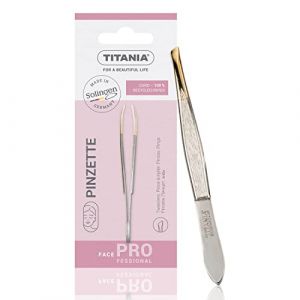 TITANIA Pince à épiler de Solingen (8cm) • Made in Germany • Pince à épiler pour sourcils • Pointe fine et biseautée pour une prise précise • Pointe dorée (TITANIA Shop, neuf)