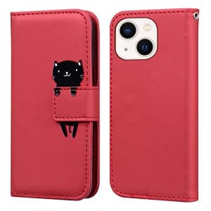 Bartern Coque pour iPhone 13 Mini Clapet,Dessin Anim&eacute; Chat Portefeuille Etui en Cuir PU,TPU Antichoc Housse Flip Case avec Rabat Fentes pour Cartes et Fonction Support,Rouge (Bartern, neuf)