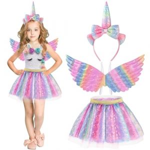 Hifot Deguisement Princesse Enfant Licorne Fille, Jupe Tutu Avec Ailes Bandeau Licorne,Robe Princesse Fille Licorne pour Carnaval Fête Anniversaire Cadeaux (Bpeow eu, neuf)