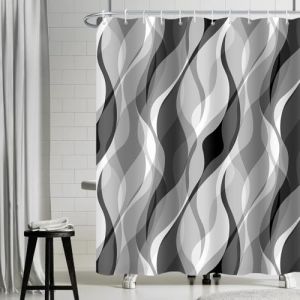 Uiiooazy Rideau Douche Anti Moisissure, Rideau de Douche Gris Clair Abstrait Rayure Noir Rayé Rideaux de Baignoire Tissu Imperméable Polyester Lavable Rideaux Salle de Bain avec 12 Crochets 180x200cm (dongguibinjingpinxiaodianpu, neuf)