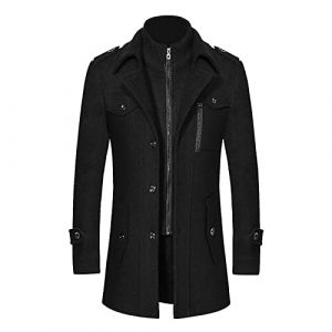 Manteau long 3/4 en laine pour homme - Coupe ajust&eacute;e - Col &agrave; revers - Manteau long en laine avec simple boutonnage - Pour l'hiver - D&eacute;contract&eacute; - Double col, 0B-Noir, M (OWENMDD, neuf)