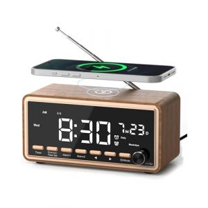 WamGra Radio R&eacute;veil Num&eacute;rique avec Chargeur sans Fil, Enceinte Bluetooth Vintage, FM,Radio reveil Matin en Bois, 2 Alarmes, Machine Bruit Blanc Adulte B&eacute;B&eacute;, Id&eacute;e Cadeau Homme Femme Anniversaire No&euml;l (Tian Heng, neuf)