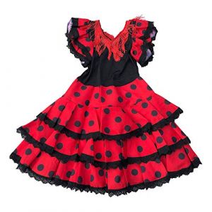 La Senorita Robe Espagnol Flamenco/Costume Niño Luxe - pour Filles/Enfants - Rouge Noir (Taille 6, 104-110 - Longeur 75 cm -5-6 Ans) (Robe Espagnole, neuf)