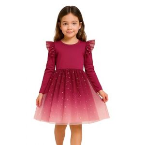Robe de f&ecirc;te pour filles &ndash; Robe rouge &agrave; manches longues pour filles &ndash; Robe &agrave; paillettes &agrave; col rond avec &eacute;toile brillante &ndash; Tenue de No&euml;l pour filles, robe de demoiselle d'honneur, robe de No&euml;l pour (es-uk, neuf)