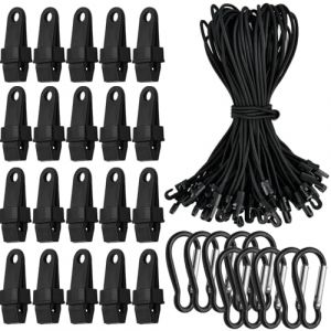 MSIHEY Lot de 50 clips bâche, 20 cordons élastiques en nylon, 10 mousquetons, fixation de hamac pour camping, pique-nique, randonnée (25 cm) (XUANYILAN, neuf)