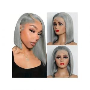 Perruques Brésilien Remy 13x4 droite argent gris couleur Transparent dentelle avant perruque cheveux humains court Bob Pixie coupe frontale perruques sans colle Perruques pour Femmes(14inches) (zuwanguk, neuf)