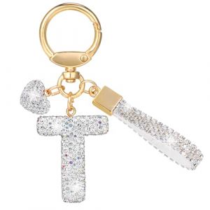 MWOOT Paillettes Porte Clé Lettre avec Strass, Argenté Initial Porte Clé Keychain, Porte Clef Lettre Sac Keyring Pendentif Décoratif, Brillant Porte Clef Voiture Charm, Porte Clé Cadeau pour Femme(T) (vetpw, neuf)