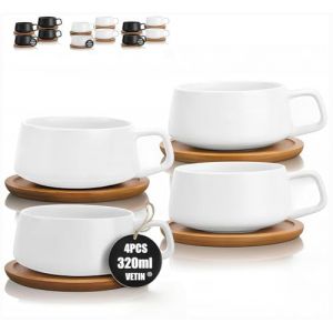 VETIN Lot de 4 Tasses &agrave; cappuccino avec soucoupe, tasse en marbre, 320 ml, en porcelaine, pour th&eacute;, caf&eacute;, cappuccino, tasses &agrave; caf&eacute; avec disque en bois (Blanc*4) (VETIN, neuf)