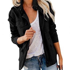 SDGR Veste Femme mi Saison Printemps Militaire Manteau Blouson en Coton Kaki Jacket avec Poches Casual Parka Veste Saharienne Legere Décontracté Outwear Zipper Grande Taille (SDGR Fashion, neuf)