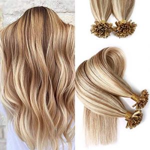FUIBEJAE U Tip Extensions de cheveux r&eacute;els Extensions de cheveux humains coll&eacute;s brins Remy Keratin Nail droit brun dor&eacute; d&eacute;colorant blond, pour les coiffeurs parfait (100 brins 100G),28inch (WAROOMGAO, neuf)